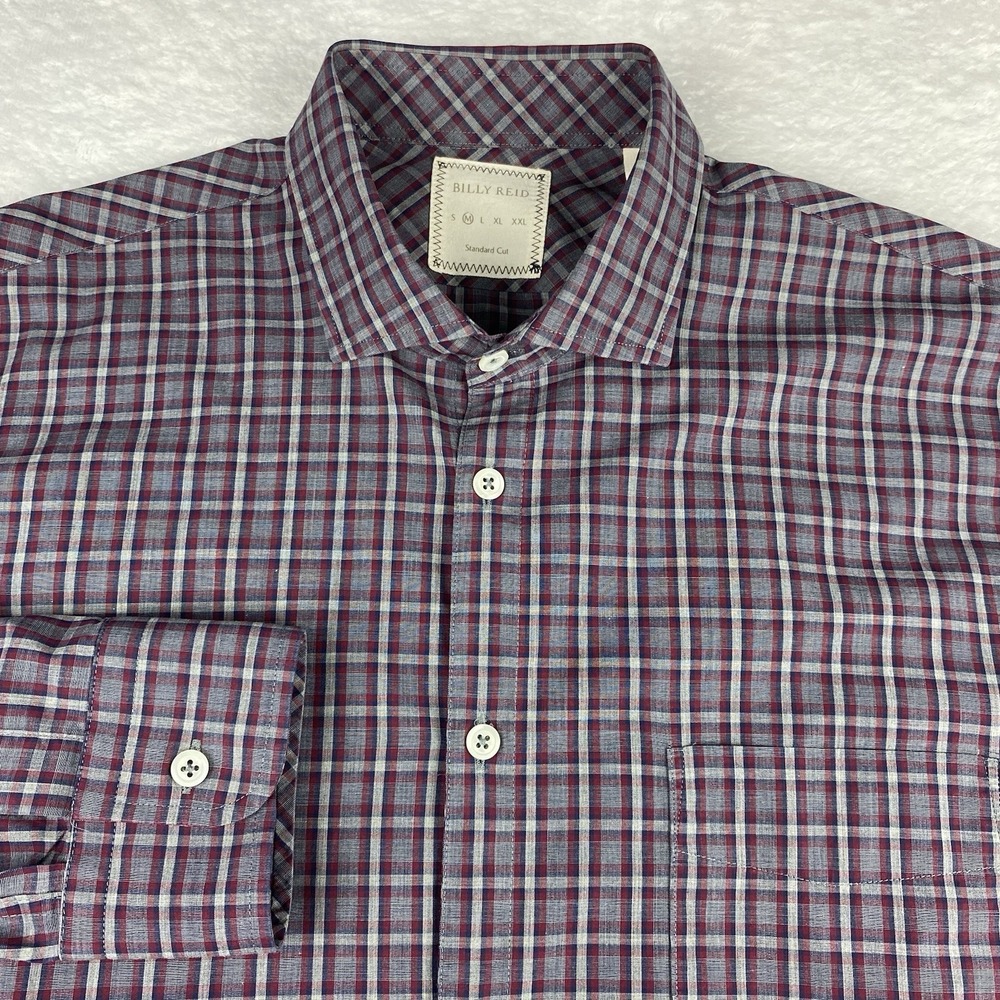 Billy Reid Shirt Mens Medium Burgundy/Blue/Gray Plaid Standard Cut